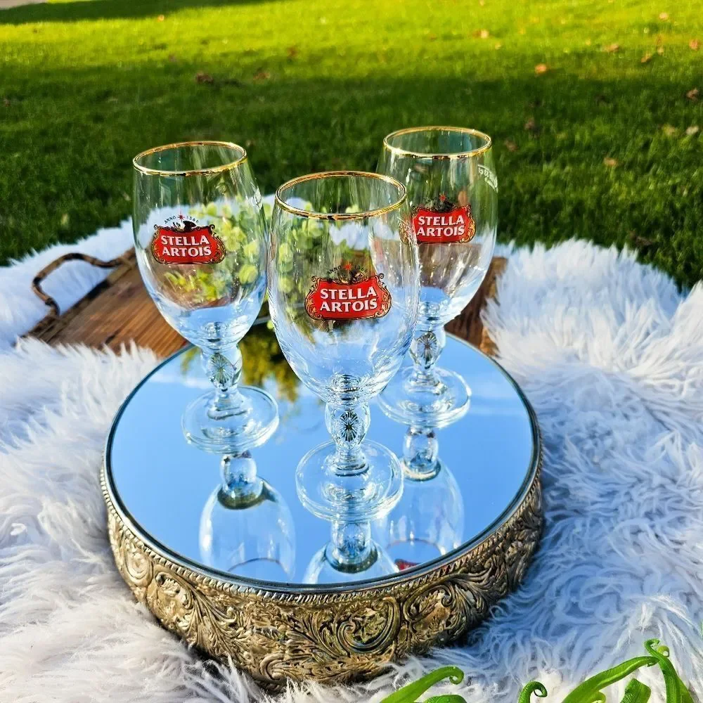 Set Of 3 Gold Rim 33cl Stella Artois Beer Chalice Glasses.
